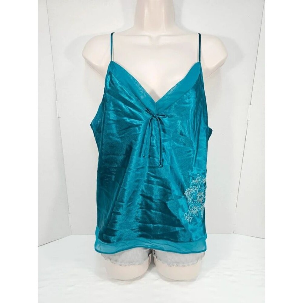 Secret Treasures XL Teal Green Satin Embroidered Cami Top V-Neck Sheer Trim